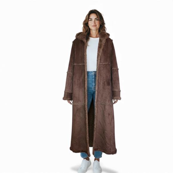 Vintage Y2K Gallery Tan Suede Sherpa Penny Lane Trench Coat-size Small - Picture 1 of 15
